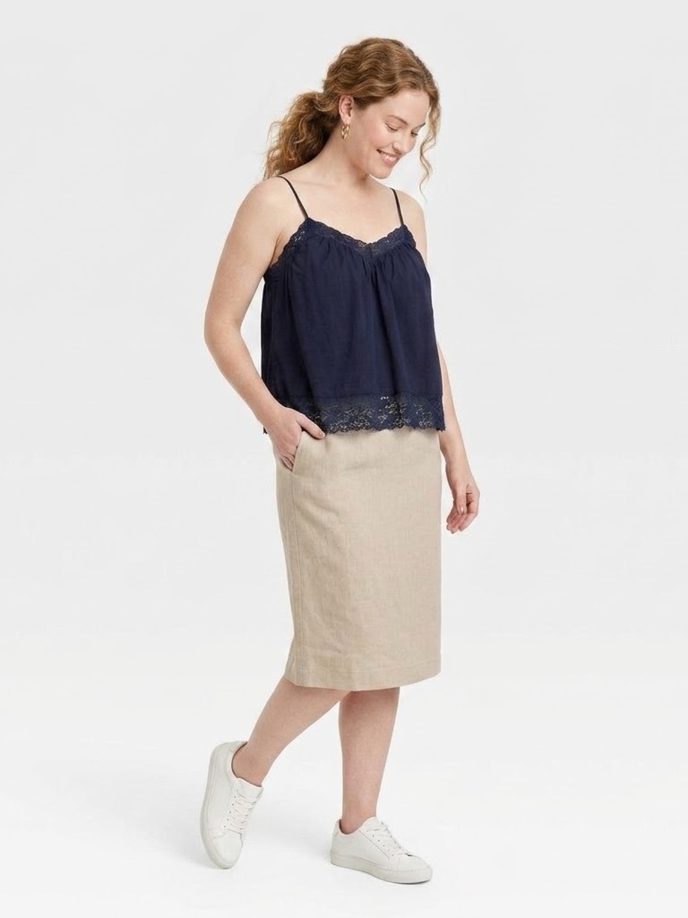 NWT Universal Thread Navy Blue 100% Cotton Lacey Adjustable Cami Top